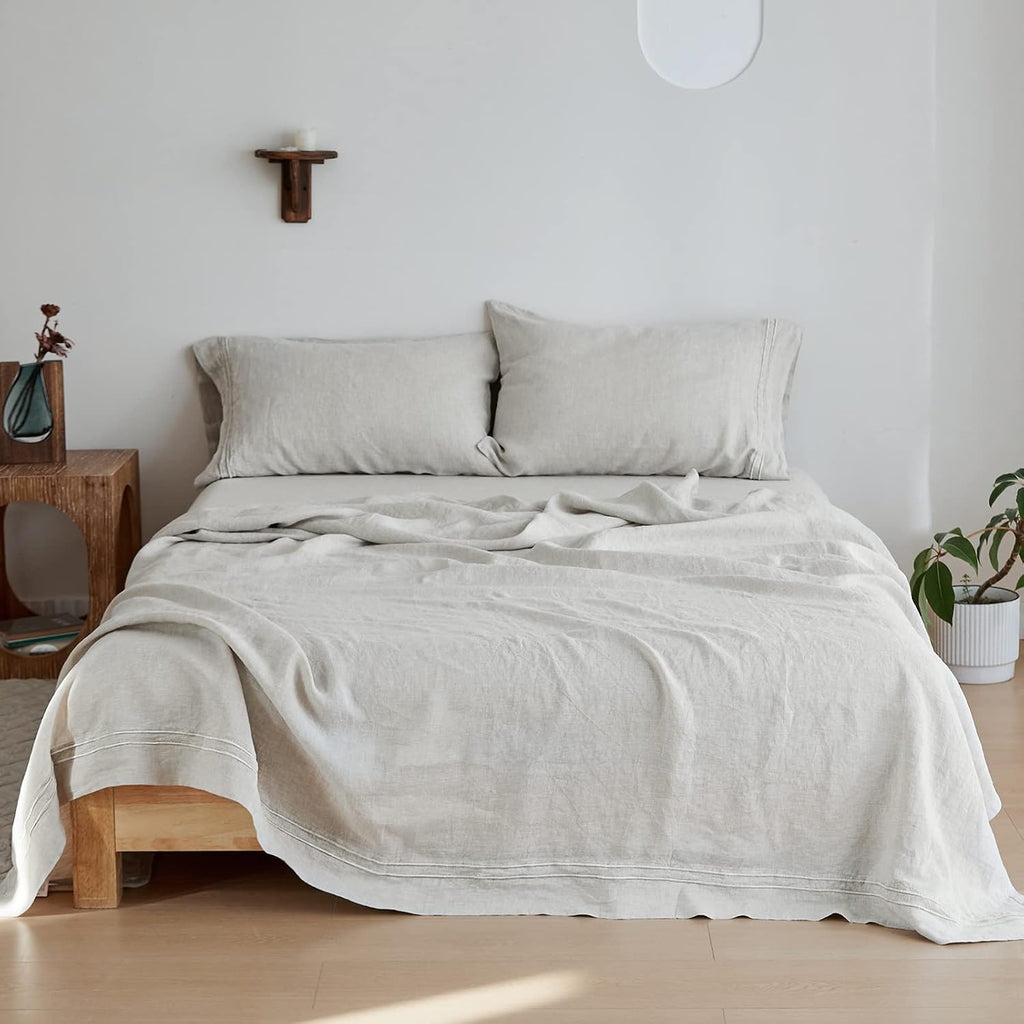Simple&Opulence 100% Linen Sheet Set 4 Pieces Natural France Flax Bed Sheet (1 Flat Sheet, 1 Fitted Sheet, 2 Pillowcases) Breathable Luxury Hotel Bedding - Embroidery Linen, Queen Size