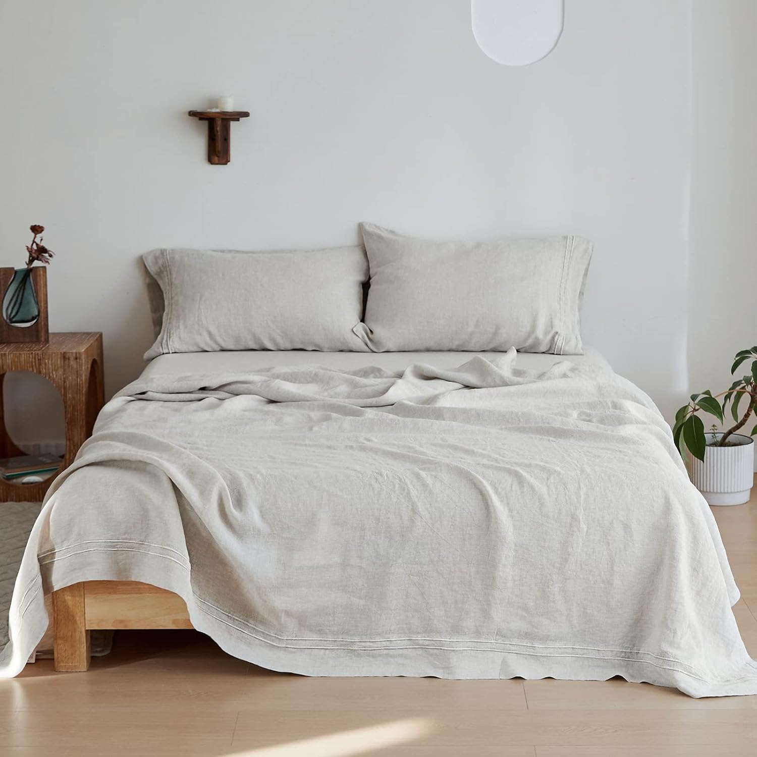 Simple&Opulence 100% Linen Sheet Set 4 Pieces Natural France Flax Bed Sheet (1 Flat Sheet, 1 Fitted Sheet, 2 Pillowcases) Breathable Luxury Hotel Bedding - Embroidery Linen, King Size