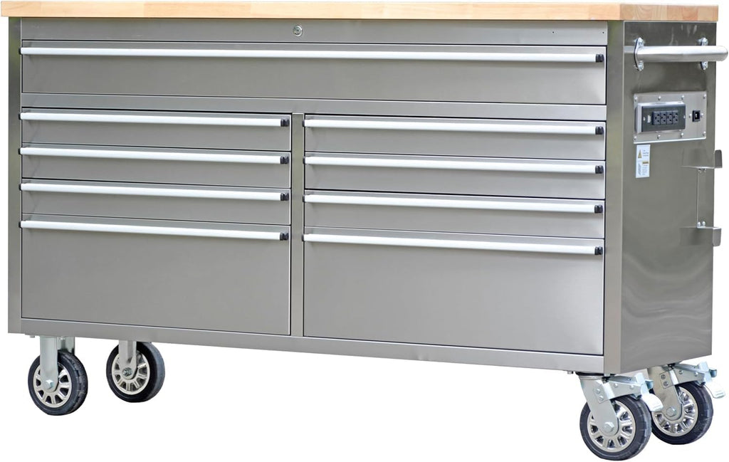 61 Inch Heavy Duty Rolling Tool Chest & Mobile Workbench with 9 Drawers, Rubber Wood Tabletop, Key Locking System and Drawer Liners, Steel Storage Cabinet for Garage, Workshop,Silver