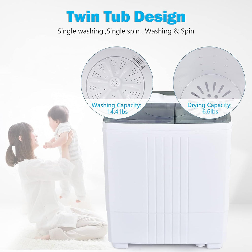 COSTWAY Portable Washing Machine, Twin Tub 21Lbs Capacity, Washer(14.4Lbs) and Spinner(6.6Lbs), Laundry Machine with Control Knobs, Built-in Drain Pump, Compact Washer for Apartment, RV, Grey