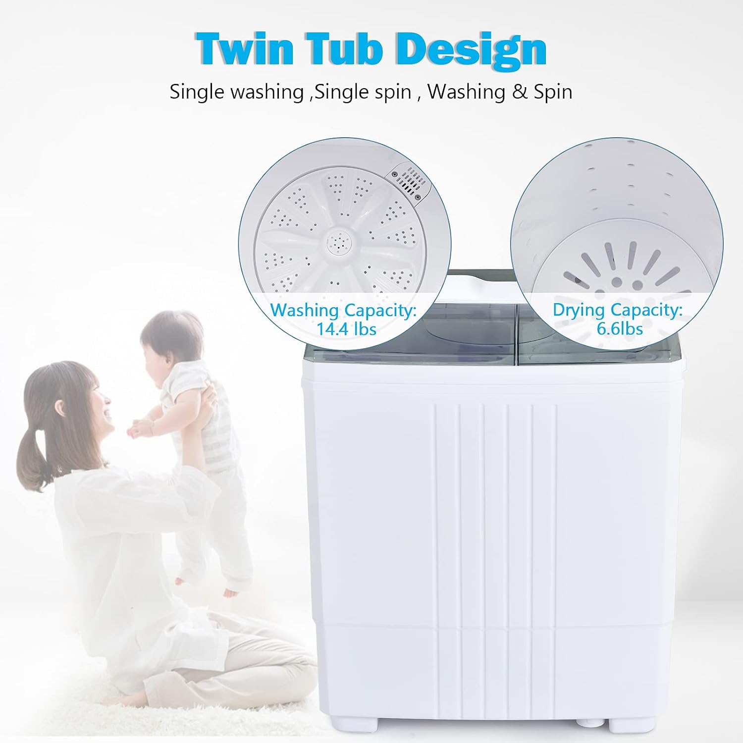 COSTWAY Portable Washing Machine, Twin Tub 21Lbs Capacity, Washer(14.4Lbs) and Spinner(6.6Lbs), Laundry Machine with Control Knobs, Built-in Drain Pump, Compact Washer for Apartment, RV, Grey