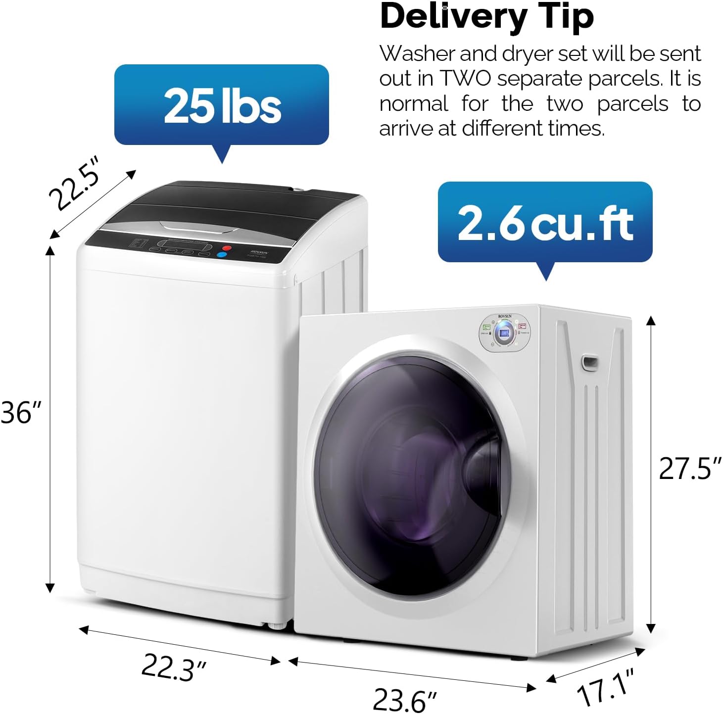 ROVSUN 25LBS Full Automatic Washing Machine and 2.6CuFt Portable Clothes Dryer Set, Electric Laundry Washer and Dryer Combo Set with Stainless Steel Inner Tub, for Apartment, Dorms, Home
