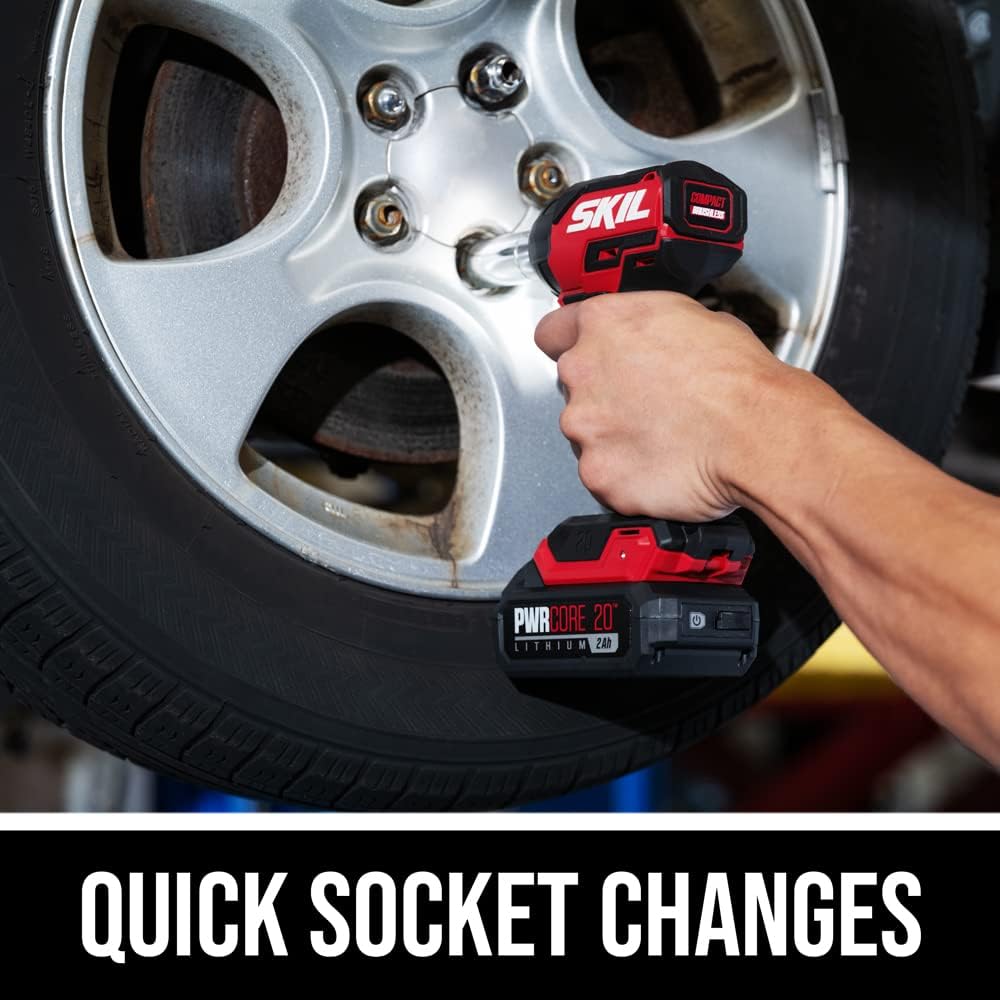 SKIL PWR CORE 20 Brushless 20V 3/8-Inch Compact Impact Wrench Kit with 3-Speed & Halo Light, Includes 2.0Ah Battery and PWR Jump Charger - IW6739B-10