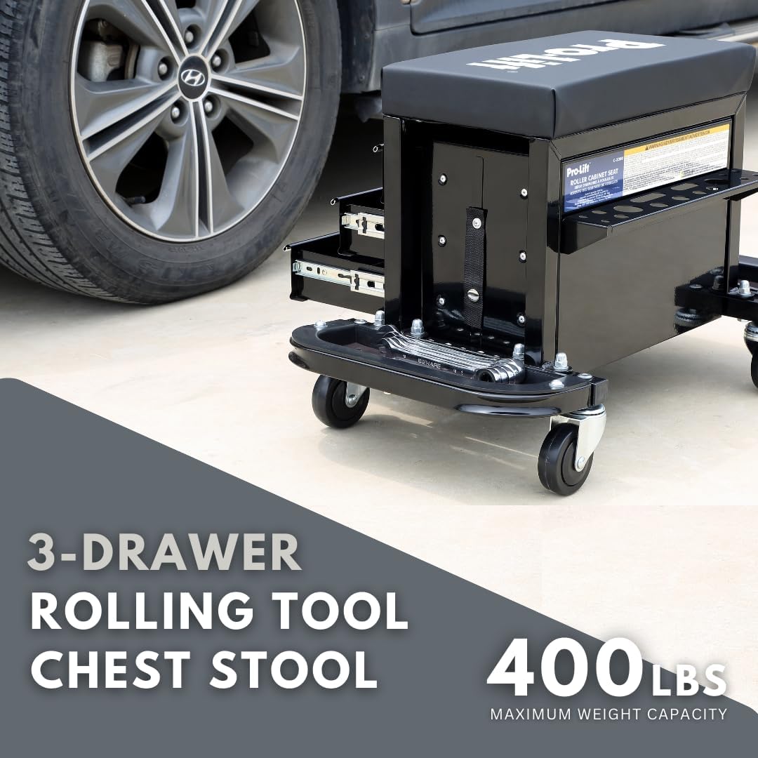 Pro-Lift Mechanic Roller Seat with Tool Box - 3-Drawer Rolling Tool Chest Stool with Padded Seat Cushion for Garage Creeper – 400 Lbs Capacity