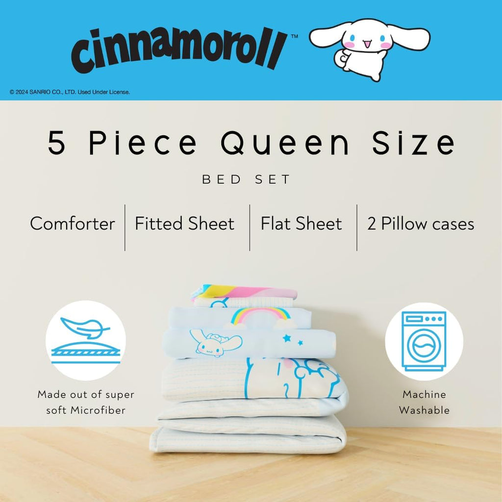 Cinnamoroll Bedding - 5 Piece Queen Size Bed Set - Super Soft Microfiber Comforter and Sheet Set, (Officially Licensed Product) by Franco Collectibles