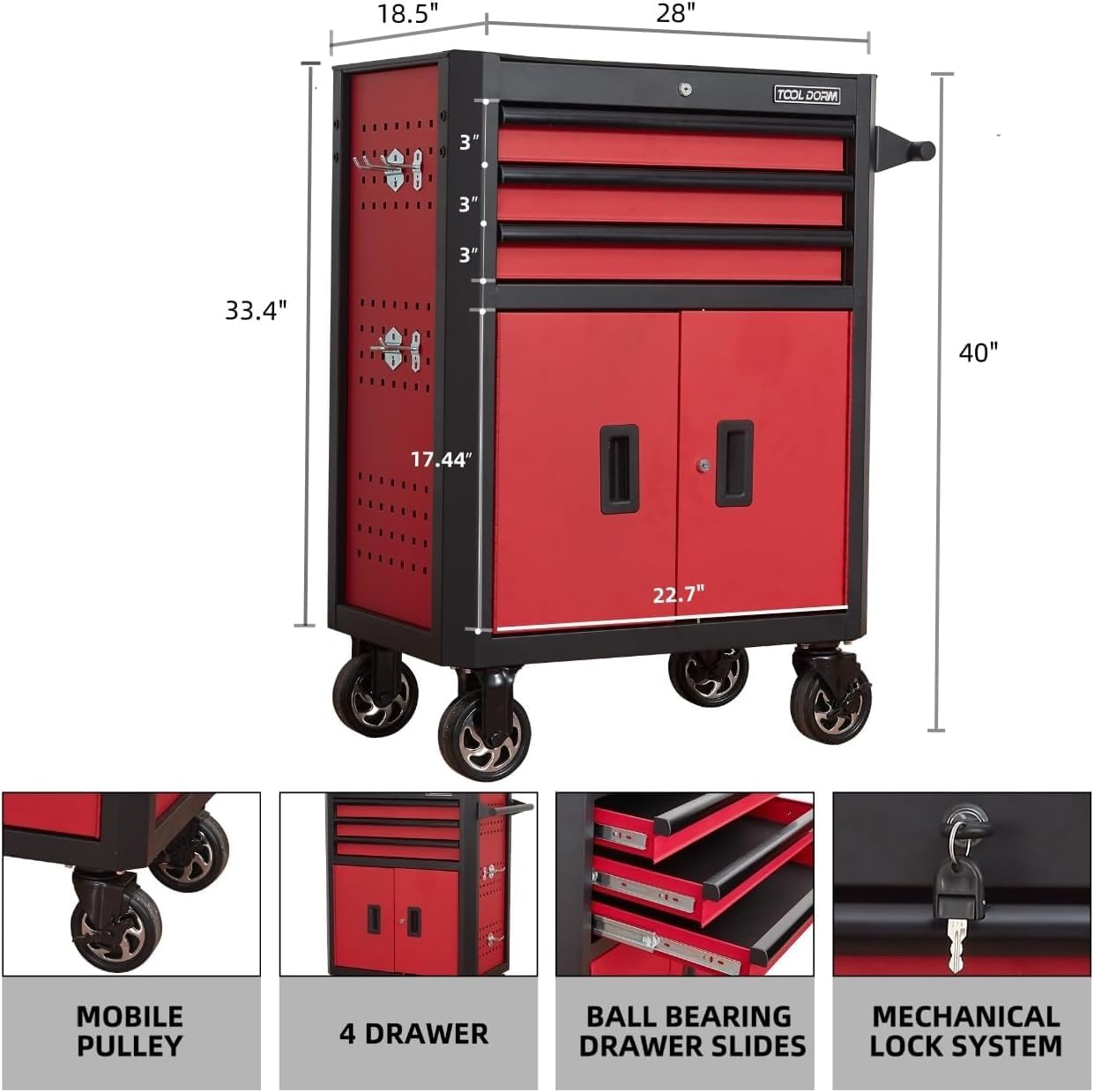 Rolling Tool Chest with Locking Wheels - Tool Box with 3 Drawers & 1 Big Tool Cabinet with 2 Door, 18.5' D x 28' W x 40' H Mobile Tool Storage Cabinet, Heavy-Duty Garage Organizer w/Ergonomic Handle