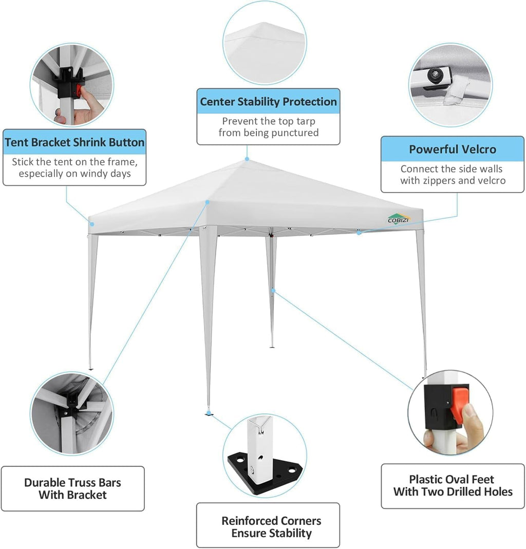 COBIZI 10x10 Pop Up Canopy Tent with 4 Sidewalls Party Tents Waterproof UPF 50+ Commercial Instant Outdoor Events Tent for Parties Markets Backyard, Ropes（10 x 10 ft White