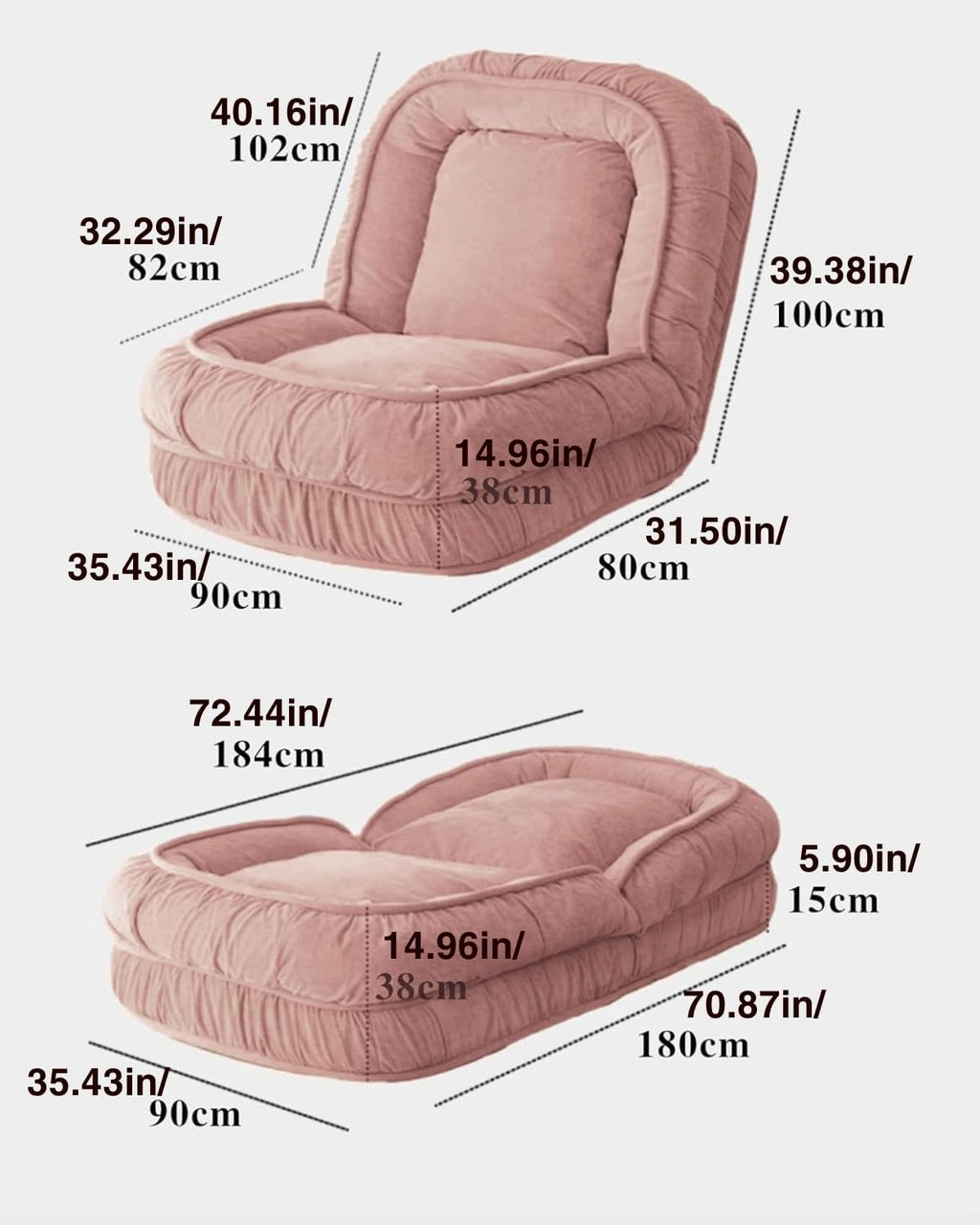 LouannTatami Foldable Lazy Sofa Bed Floor Chair - Adjustable Human Dog Bed for Adults Kids Floor Seats - Cozy Small Couch for Home Living Room(Pink)