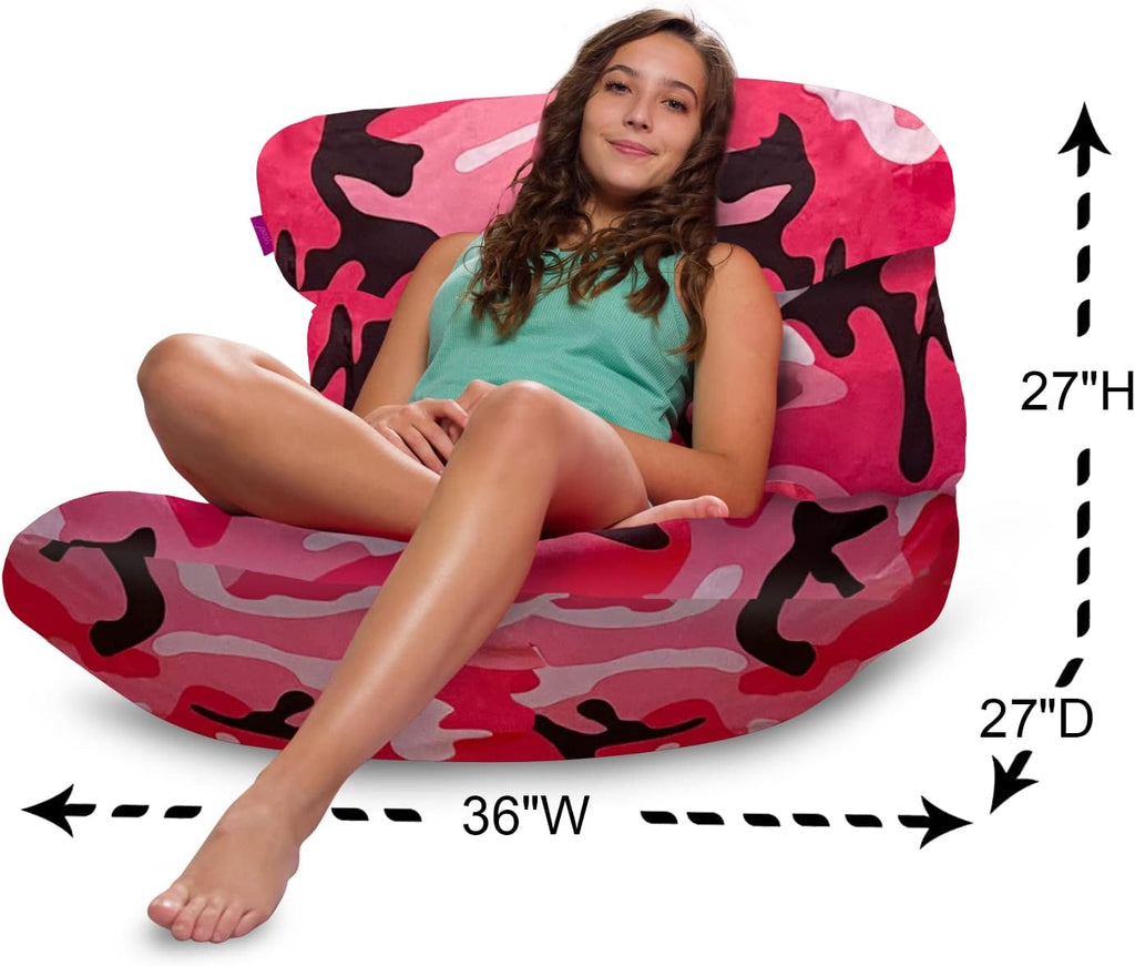 Posh Creations Structured Comfy Bean Bag Chair for Gaming, Reading and Watching TV, Laguna Lounger, Nylon - Camo Pink and Black