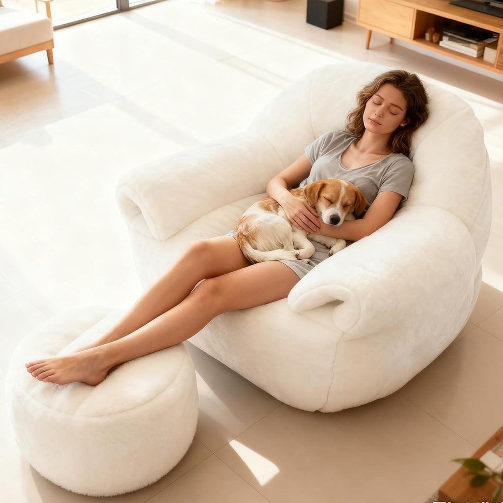 Large Bean Bag Chair with Ottoman, Giant Faux Fur Adult Bean Bag Sofa with Footrest, Ergonomic Lounge Couch for Bedroom, Living Room, Large Comfy Reading Chair Gaming (White, Single, Simple)