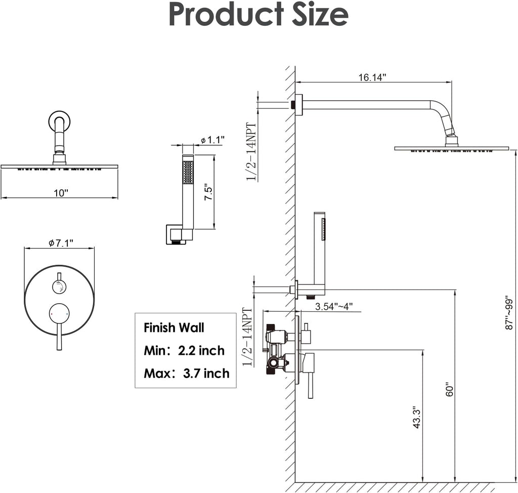 Gabrylly Black Shower Faucet Set, Wall Mounted System with Shower Valve, High Pressure 10' Rain Shower head with Handheld Spray Combo, 2 Way Rainfall Shower Fixtures, Matte Black