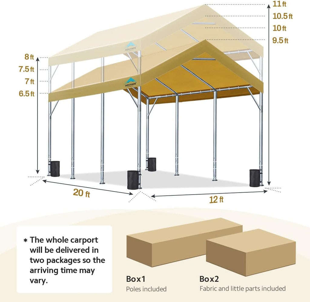 ADVANCE OUTDOOR 12x20 ft Canopy Garage Heavy Duty Carport Car Boat Shelter Party Tent, Adjustable Peak Height from 9.5ft to 11ft, Beige