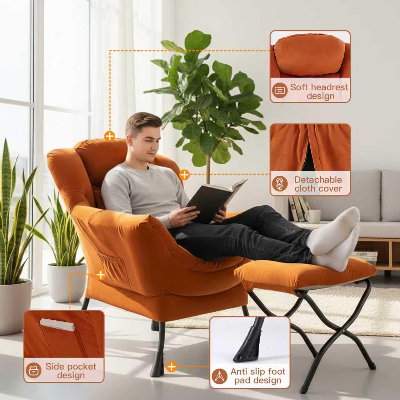 Tangerine Lazy Chair with Ottoman, Large Velvet Accent Chair with a Throw Pillow, Comfy Leisure Sofa Chair for Living Room Bedroom Dorm Room Office Apartment Reading Relaxing Use