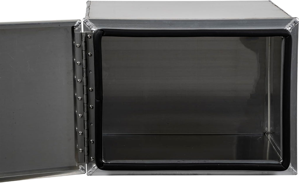 Buyers Products 1705401 Pro Series 18x18x24 Smooth Aluminum Underbody Truck Tool Box, Single Barn Door, Compression Latch, 0.125 in Thick, Rain Gutter & Bulb Seal, Bolt-On Stainless Hinge