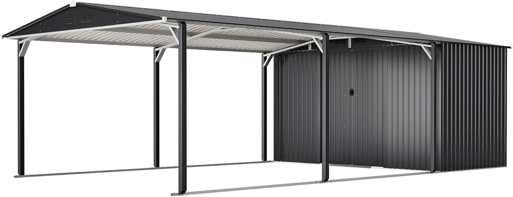 KEIKI 12x23 FT Heavy Duty Metal Carport with Storage Shed, Steel Garage Shelter with Sliding Door, Waterproof Sloped Roof, UV Protection Panels, Outdoor Car Canopy for Car, Boat, Tractor