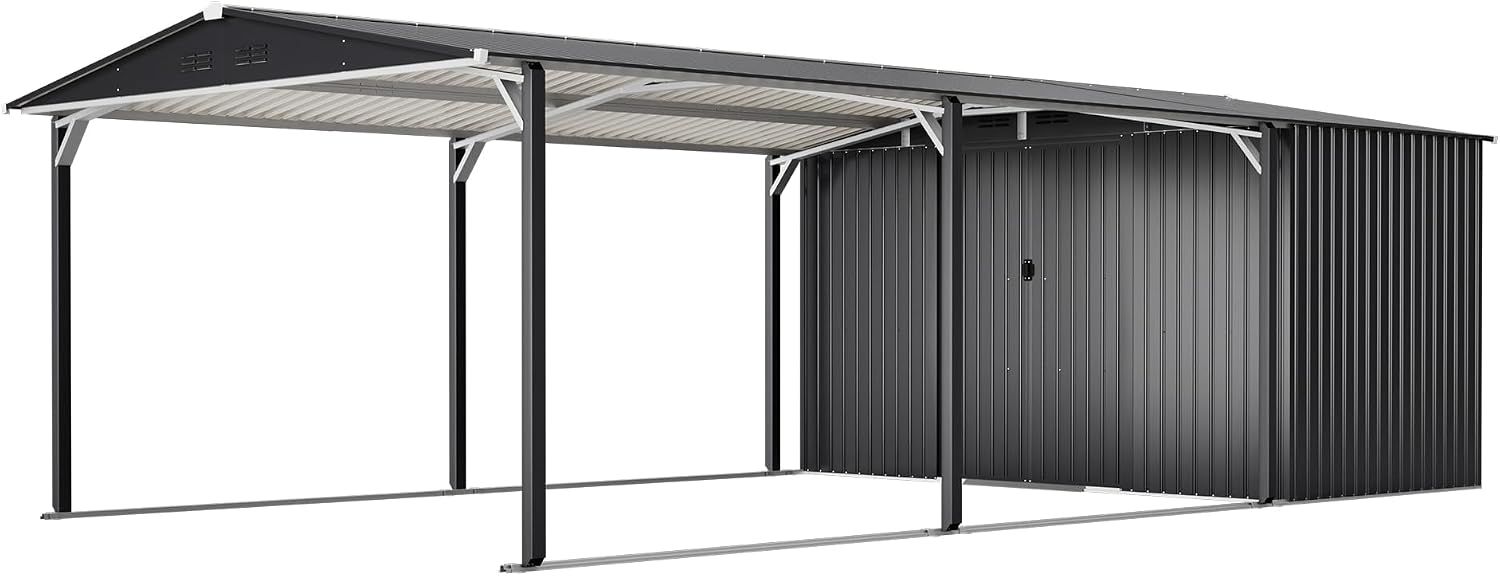 KEIKI 12x23 FT Heavy Duty Metal Carport with Storage Shed, Steel Garage Shelter with Sliding Door, Waterproof Sloped Roof, UV Protection Panels, Outdoor Car Canopy for Car, Boat, Tractor