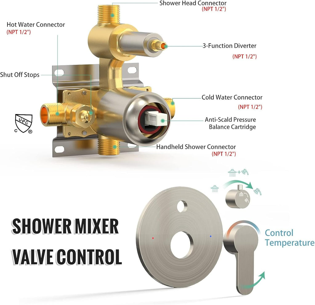 SR SUN RISE 10 Inch Rain Shower System, High Pressure Shower Heads and Handheld 6-Spray Combo Set Slide Bar Shower Faucets Sets Complete Included Valve and Trim Kit for Bathroom, Brushed Nickel