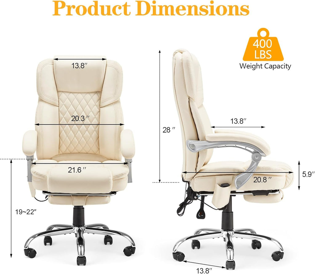 HOMREST Executive Office Chair with Footrest, 6-Point Massage Office Chair with Reclining Backrest, Heated Leather Computer Chair for Home Office(Cream)