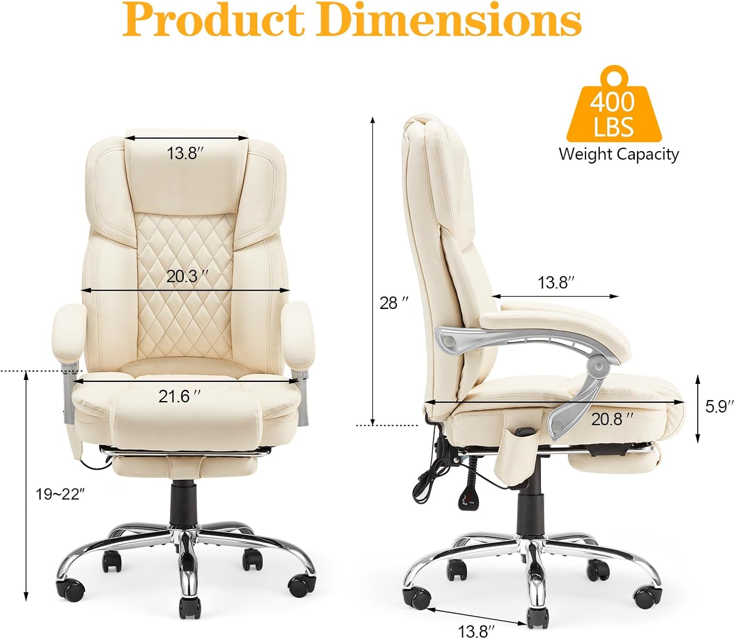 HOMREST Executive Office Chair with Footrest, 6-Point Massage Office Chair with Reclining Backrest, Heated Leather Computer Chair for Home Office(Cream)