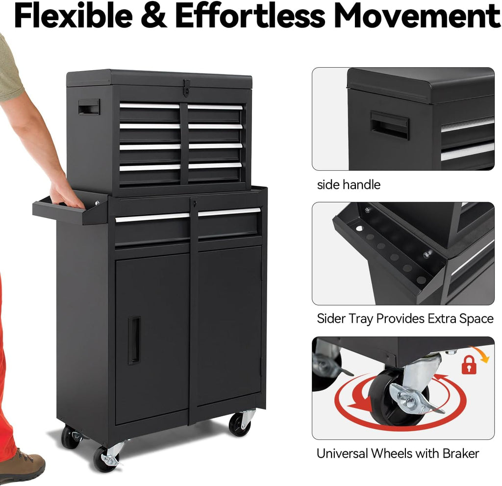 5-Drawer Rolling Tool Chest with Detachable Top Box - Heavy Duty Metal Tool Cabinet on Wheels for Garage, Workshop & Industrial Use, Black (Enhanced Packaging)