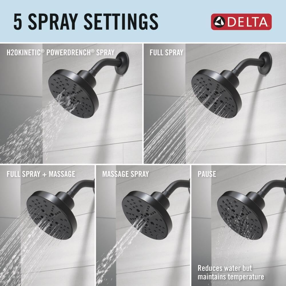 Delta Nicoli 14 Series H2Okinetic Shower Faucet Set, Matte Black Shower Head and Handle Set, Valve Trim Kit, Matte Black 142749-BL (Shower Valve Included)