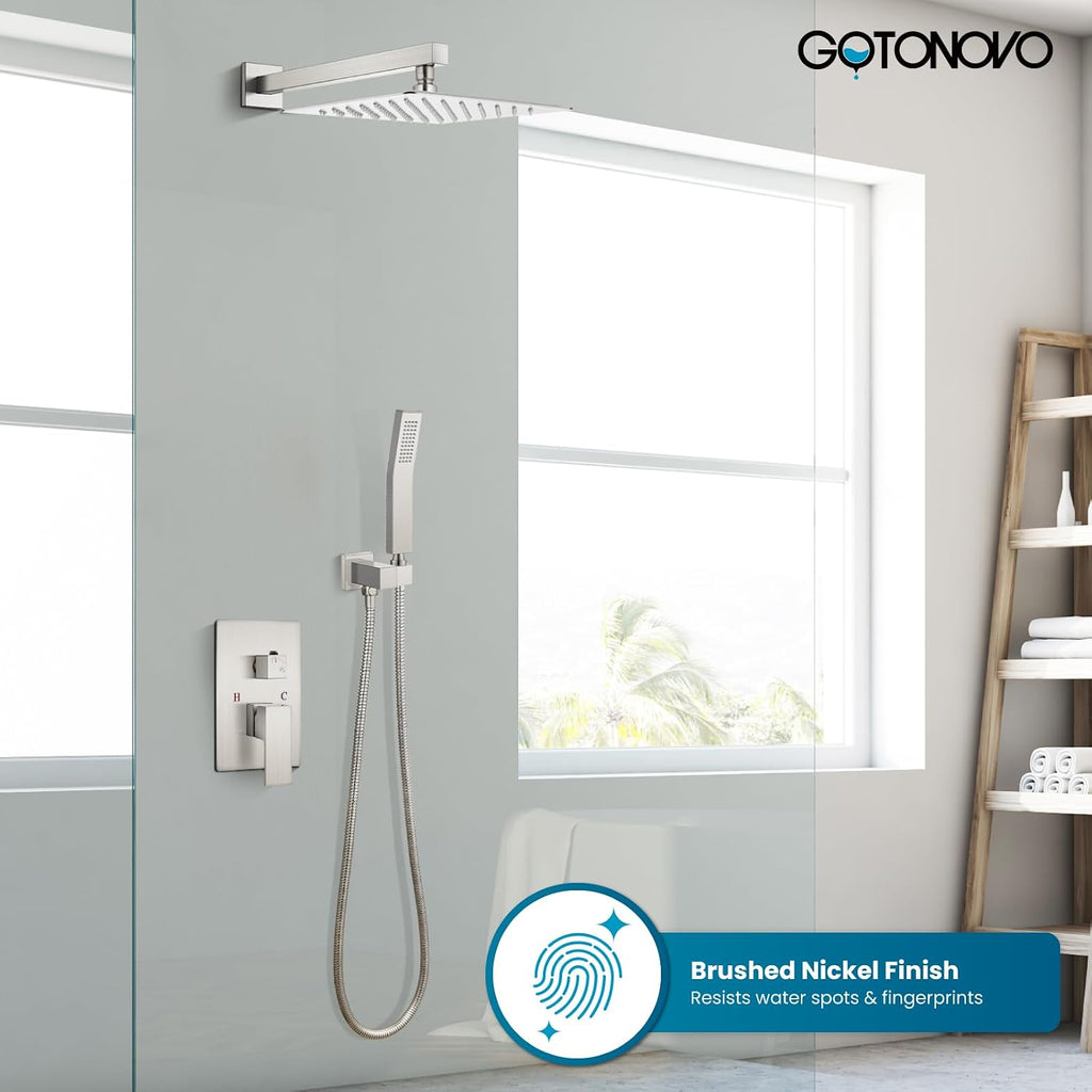 gotonovo Rainfall Bathroom Shower System Rain Shower Head and Handle Set Wall Mounted Shower Complete Combo Solid Brass Pressure Balancing Shower Mixer Valve 12 Inch Brushed Nickel