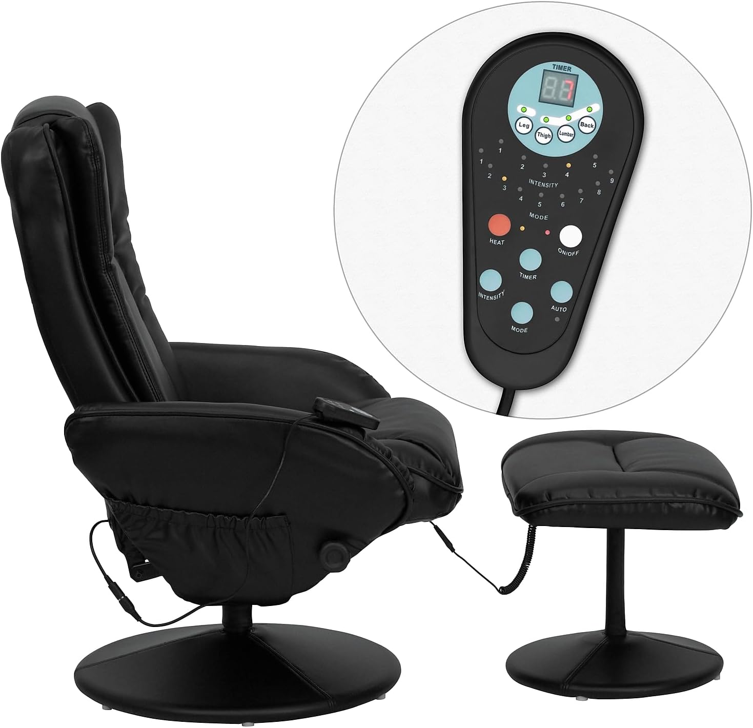 Flash Furniture Poppy Massaging Multi-Position Plush Recliner with Side Pocket and Ottoman in Black LeatherSoft