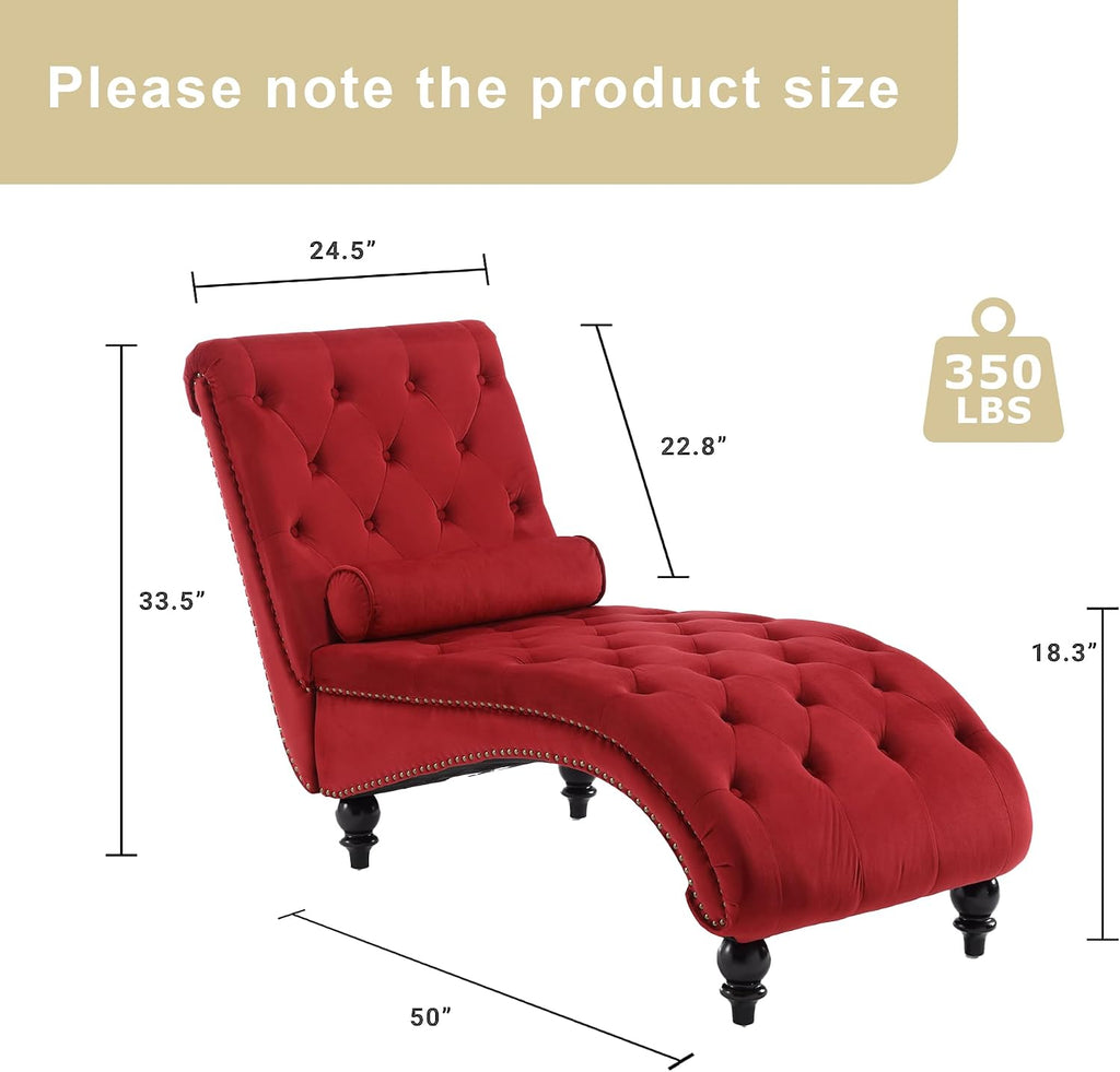 Velvet Chaise Lounge Indoor, Button-Tufted Upholstered Chaise Lounge Chair with Pillow for Bedroom Living Room Office Modern Backrest Leisure Recliner Sleep Sofa (Red)