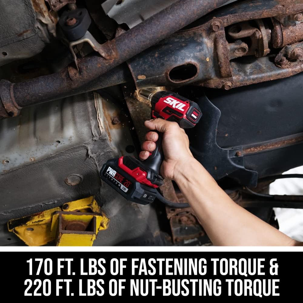SKIL PWR CORE 20 Brushless 20V 3/8-Inch Compact Impact Wrench Kit with 3-Speed & Halo Light, Includes 2.0Ah Battery and PWR Jump Charger - IW6739B-10
