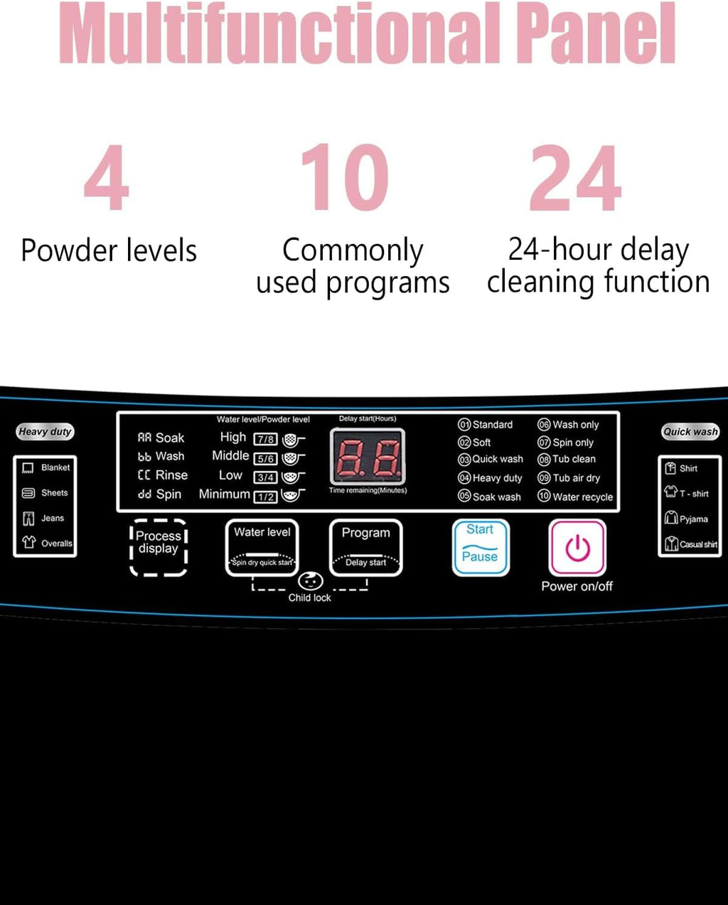 Full-Automatic Washing Machine 25 lbs Portable Washer 10 Wash Program & 8 Water Level with LED Display，Drain Pump, Come with a Glass Cover, Ideal for Apartments, RV, Camping, Grey