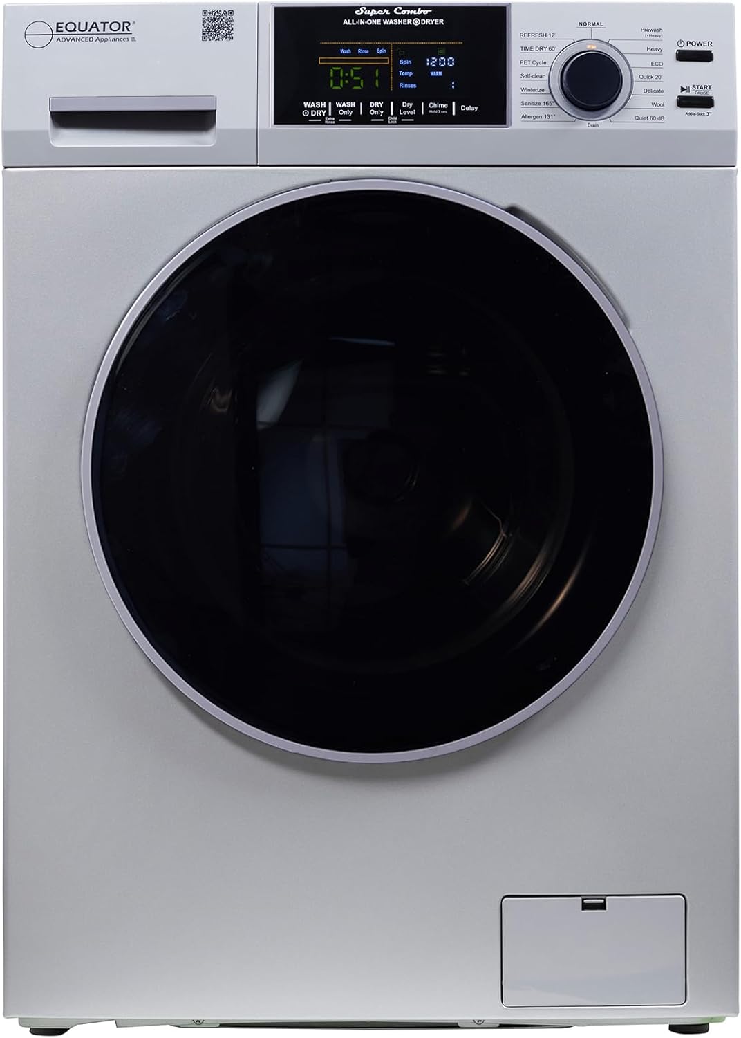 Equator 24' Original 110V Ventless Compact Combo Washer Dryer 1.6 cu.ft./15 lbs FULLY BUILT-IN 1400 rpm in Silver