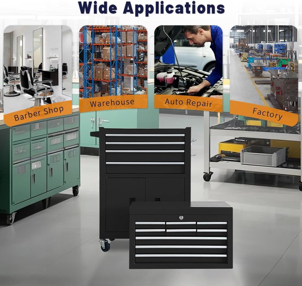 13-Drawer Rolling Tool Chest with Double Doors, 2 in 1 Detachable Rolling Tool Chest Combo, Mobile Tool Cabinet with Drawers, Metal Large Lockable Tool Box for Garage Workshop (Black)