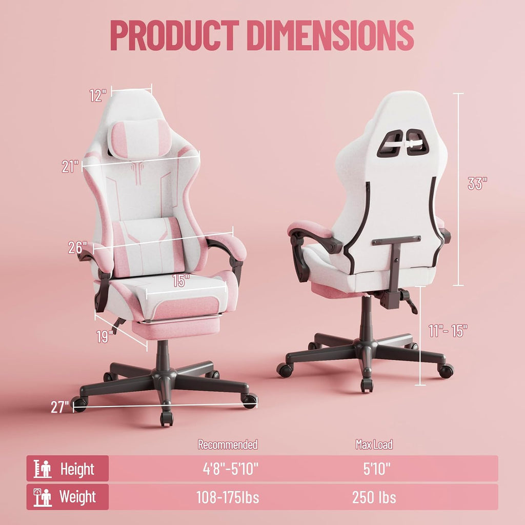 Ferghana Gaming Chair, Cloth Fabric Ergonomic Computer Chair with Massage Lumbar Support, High Back Office Game Chair with Footrest and Linkage Armrest for Adult, White/Pink