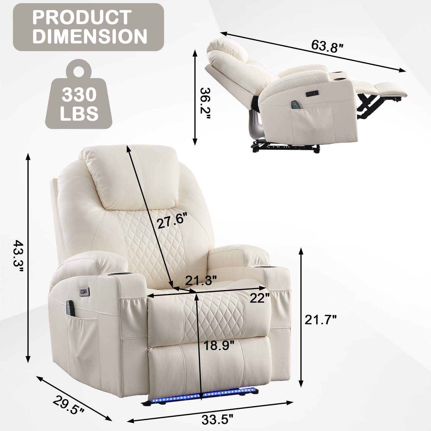 Power Recliner Chair with Heat and Massage for Adults - Home Theater Seating with LED Lights,Cup Holders,Side Pocket,USB Port - Recliner Sofa for Living Room (Beige, Single Recliner)