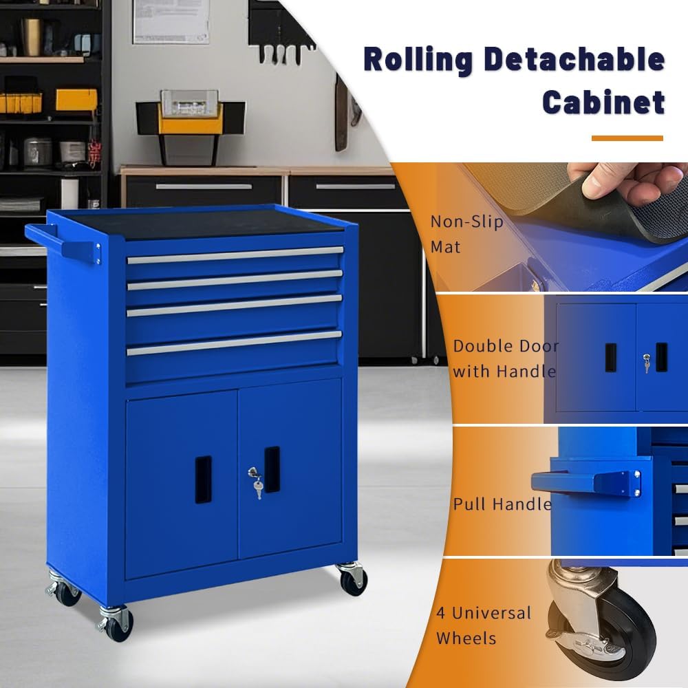 13-Drawer Rolling Tool Chest with Double Doors, 2 in 1 Detachable Rolling Tool Chest Combo, Mobile Tool Cabinet with Drawers, Metal Large Lockable Tool Box for Garage Workshop (Blue)