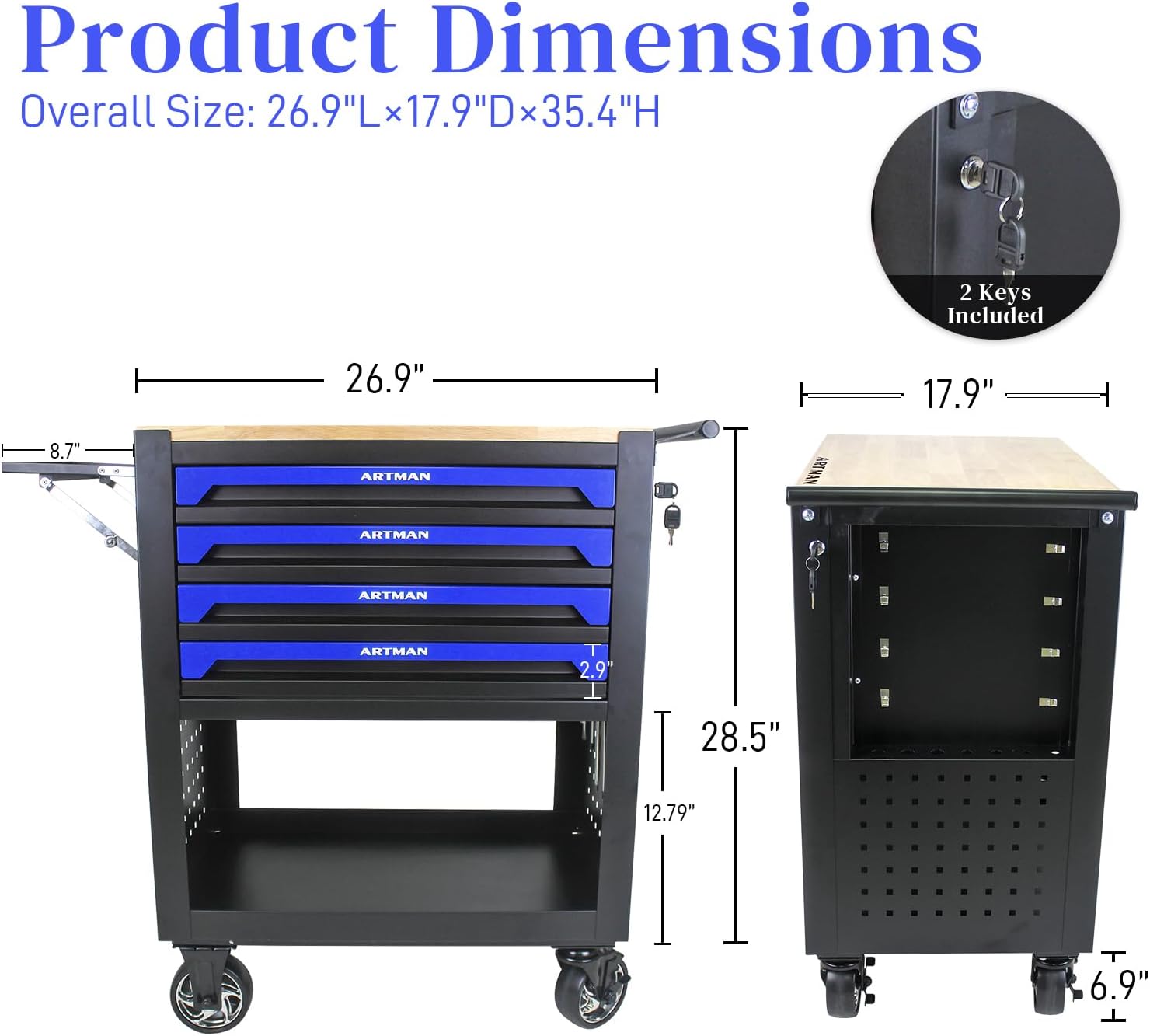 Rolling Tool Cart with 4-Drawer Wood Top Utility Tool Chest on Wheels Mechanic Tool Storage Organizer Cabinet for Garage, Warehouse, Workshop, Repair Shop (Blue)