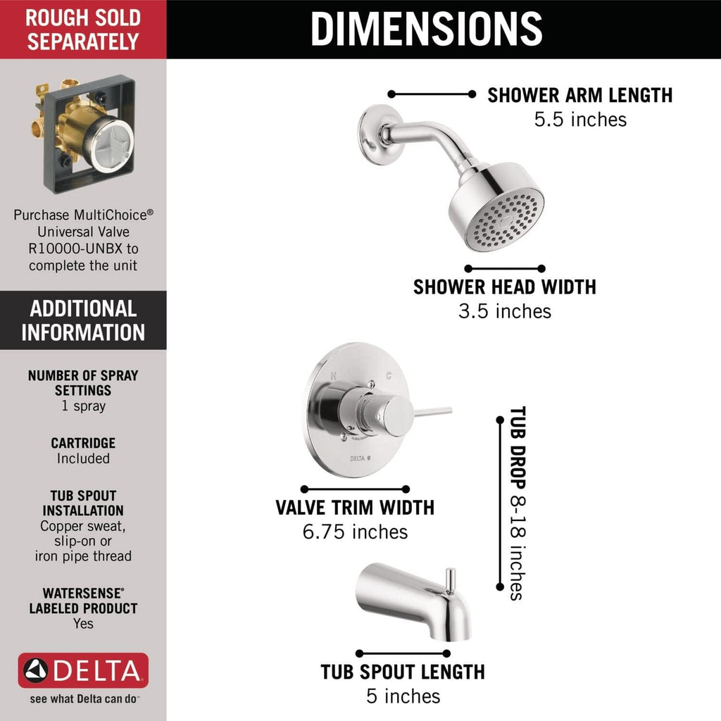 Delta Faucet Modern Single-Handle Chrome Tub and Shower Trim Kit, Shower Faucet with Single-Spray Touch-Clean Shower Head, Chrome T14459-PP (Valve Not Included)