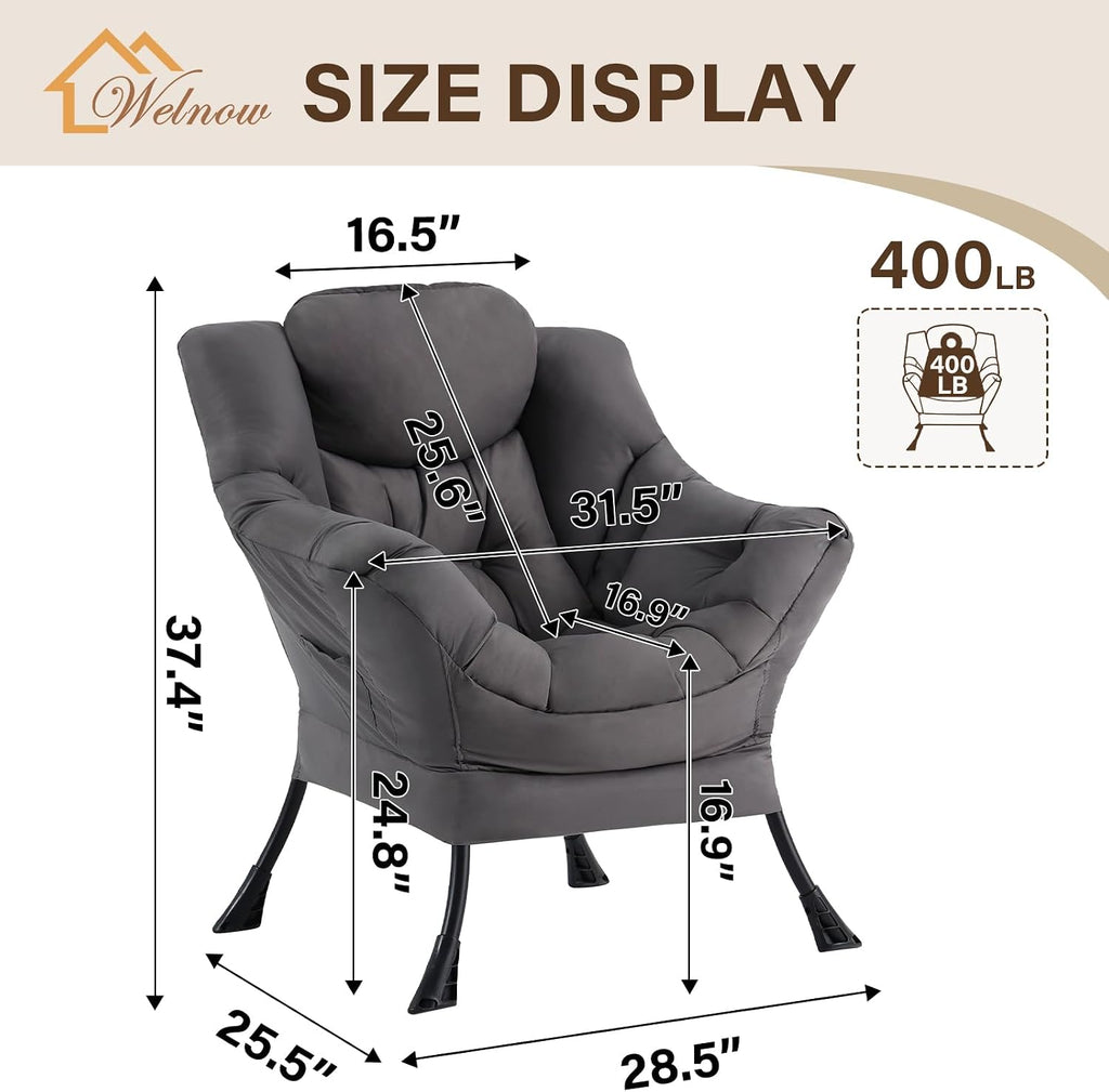 Welnow Dark Grey Single Lazy Chair for Living Room, Modern Reading Accent Chair with Armrests and a Side Pocket, Leisure Lazy Sofa Chair for Small Space, Bedroom, Dorm