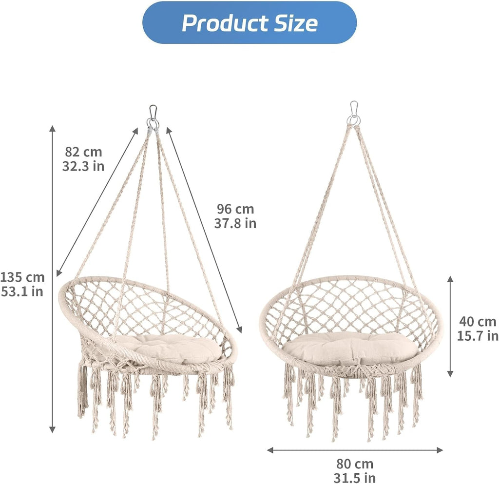Hammock Chair, 330Lbs Swing Chair for Bedroom, Swing Chair with Comfy Cushion, Hanging Chair, for Bedroom, Porch, Adults, Balcony (Beige 3PCS)