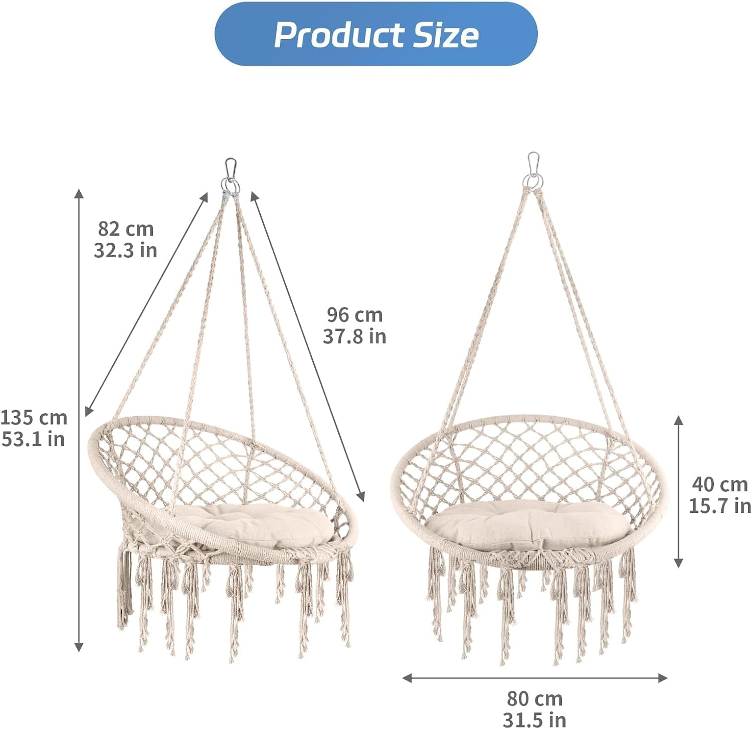 Hammock Chair, 330Lbs Swing Chair for Bedroom, Swing Chair with Comfy Cushion, Hanging Chair, for Bedroom, Porch, Adults, Balcony (Beige 3PCS)