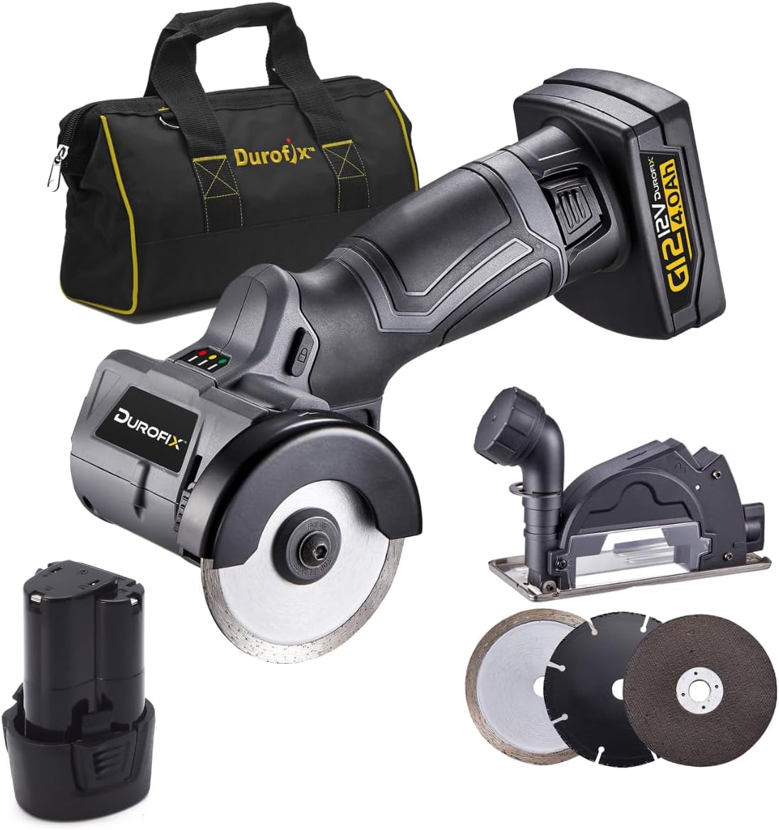 Durofix RC1222-P2G G12 Series 12V Cordless 3' Compact Cut-Off Tool Kit, 20,000 RPM with Interchangeable Blades & Safety Guard + 2 Battery & Canvas Bag