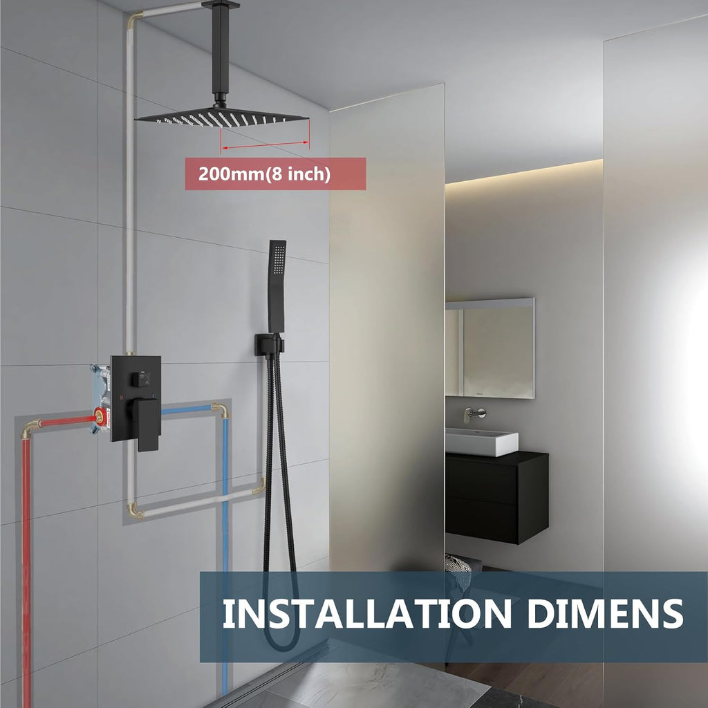 Aolemi Ceiling Mount Rain Shower Head & Handheld Spray with Robust Valve & Trim Kit - Matte Black, 8 Inch Head