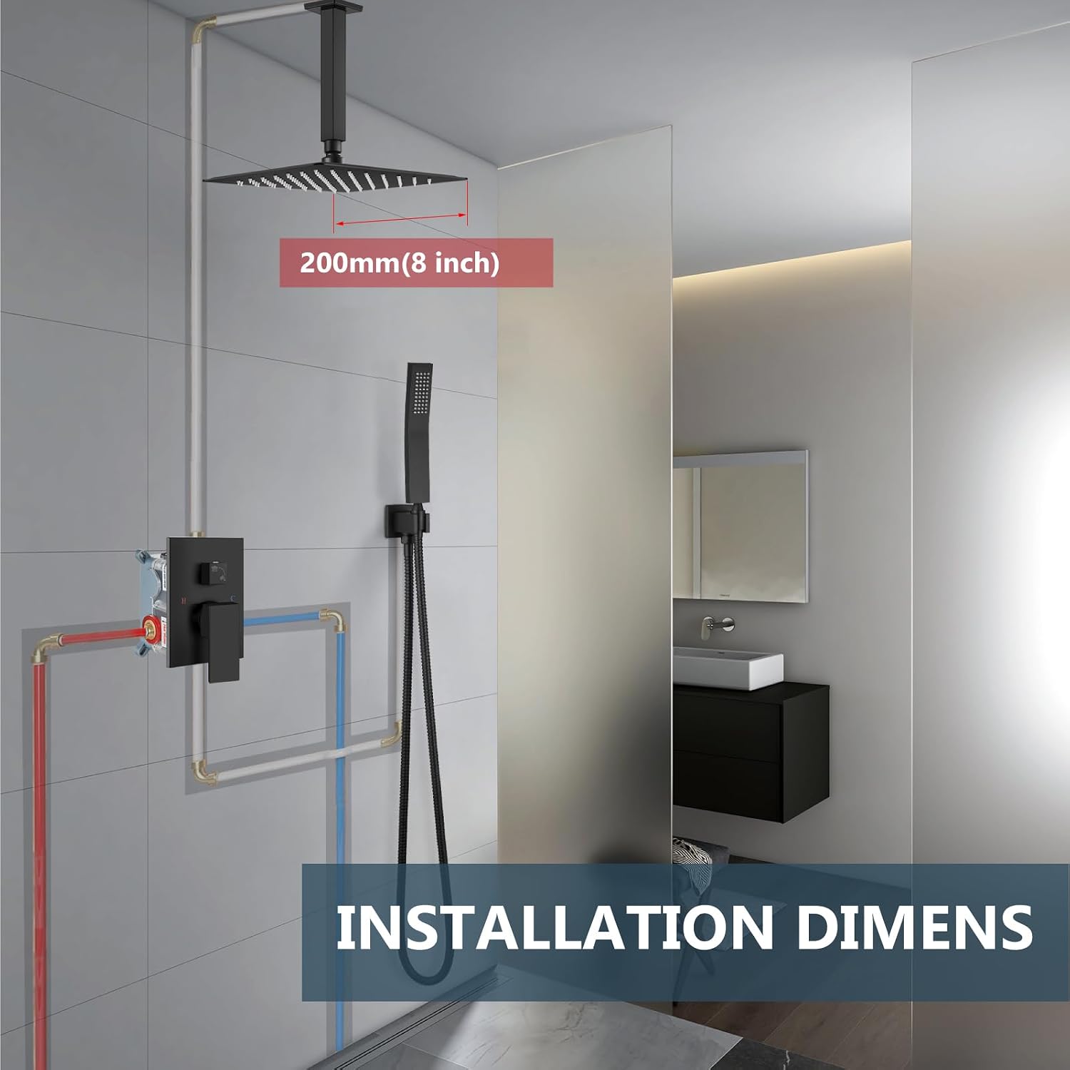 Aolemi Ceiling Mount Rain Shower Head & Handheld Spray with Robust Valve & Trim Kit - Matte Black, 8 Inch Head