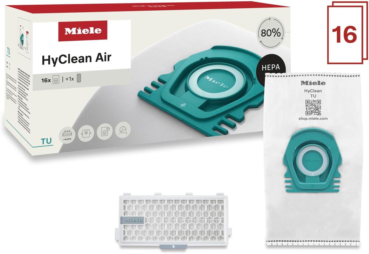 Miele HyClean Air TU Vacuum Cleaner Bags for Miele Guard L1 Vacuum Cleaners, Performance Pack of 16 Vacuum Bags and 1 SF-HA 50 HEPA AirClean Filter – 12909910