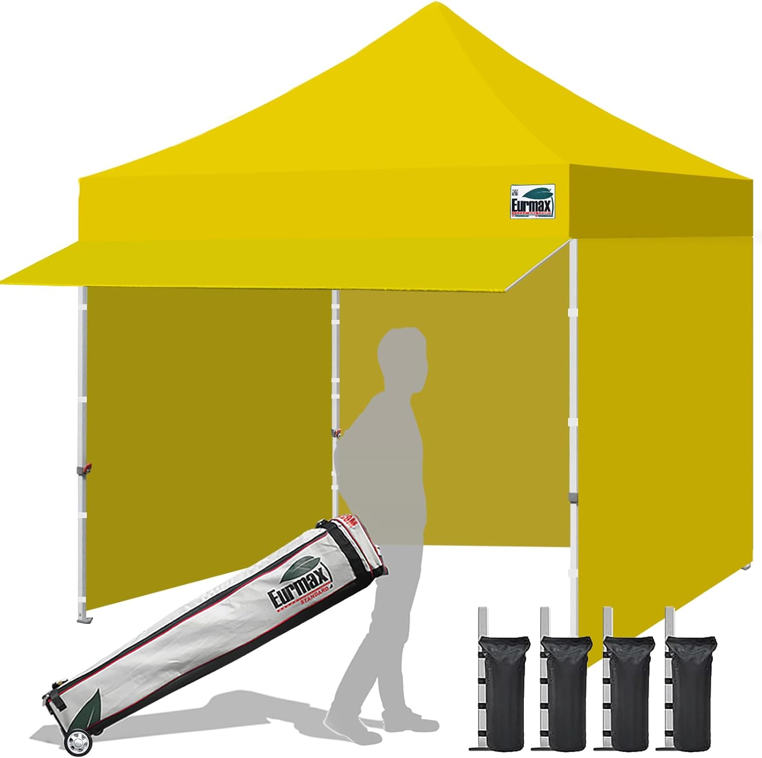 Eurmax USA 10x10 Pop Up Canopy,Commercial Tent with Patented No-Tip Rolling Bag,24sqft Extension Awning & 4 Zippered Removable Walls,UV & Water Resistant,Heavy Duty Instant Shelter Gazebo,Yellow