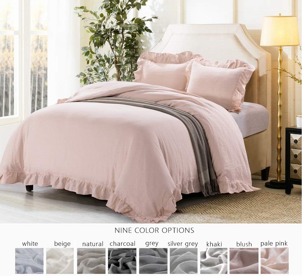 MEADOW PARK 100% Stone Washed French Linen Duvet Cover Set 3 Pieces- Super Soft, King Size 104 inches x 92 inches - Shams 20 inches x 36 inches, Ruffled Style - Button Closure - Corner Ties, Pale pink