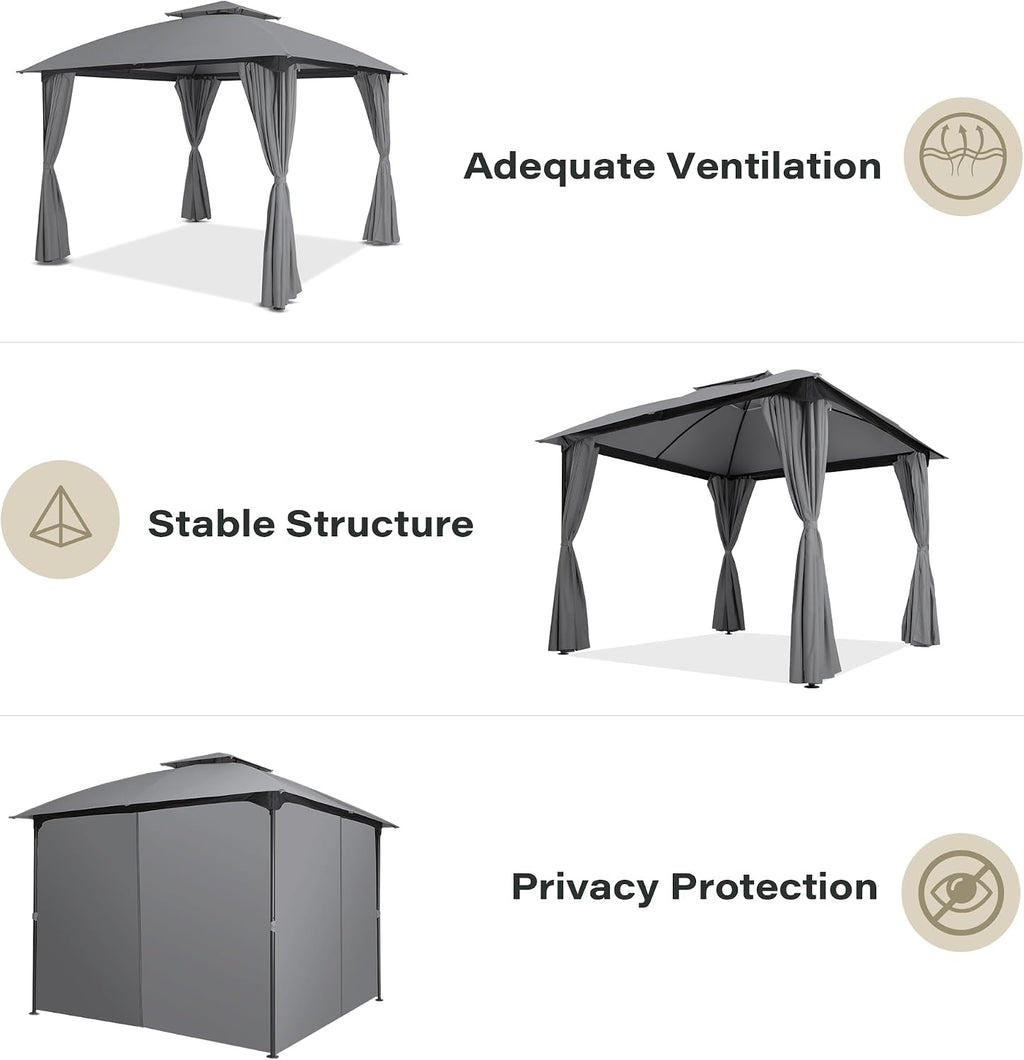LAUSAINT HOME 10x10 Patio Arc Gazebo Outdoor Canopy Tent with Curtains, Soft Top Party Shelter with Expansion Bolts and Wind-Resistant Ropes for Backyard, Garden, Lawn, Deck, Grey