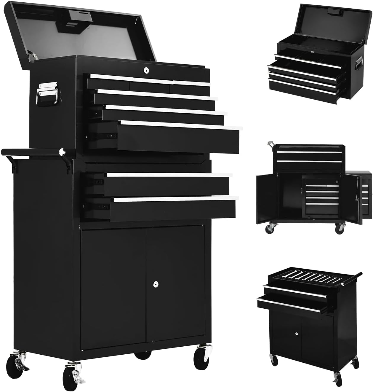 Towallmark 8-Drawer Rolling Tool Chest, 2-in-1 High Capacity Removable Cabinet Storage Tool Box with Wheels and Drawers, Detachable Toolbox with Lock for Workshop Mechanics Garage (Black)