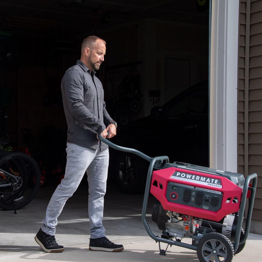 Powermate PM9400E 9,400-Watt Gas-Powered Portable Open Frame Generator - Electric Start - Quiet Operation - Ideal for Home and Outdoor Activites - Engine Powered by Generac - Red/Black