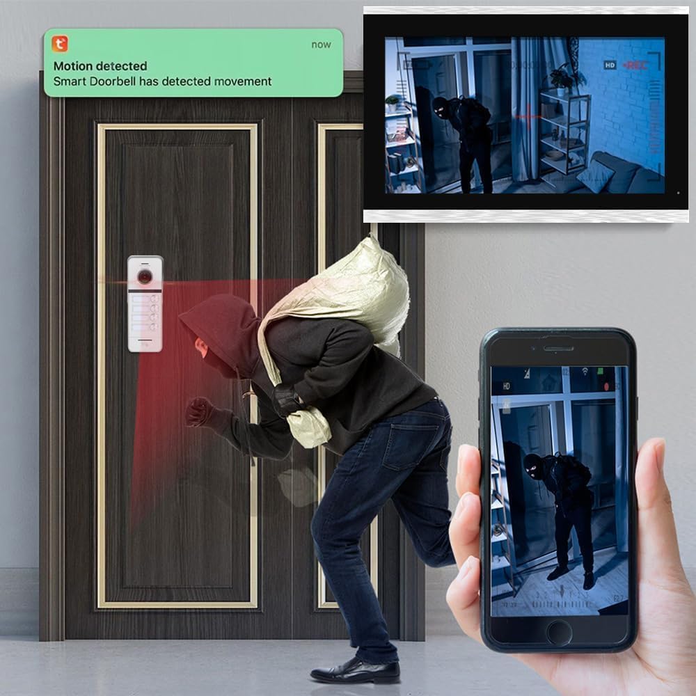 Wired Apartment Video Doorbell Intercom System,4 Units Touch Screen WiFi Monitor,Wireless Video Door Phone Kit,Indoor Outdoor Support Monitoring,Unlocking for Home Vally (10 inch White Monitor)